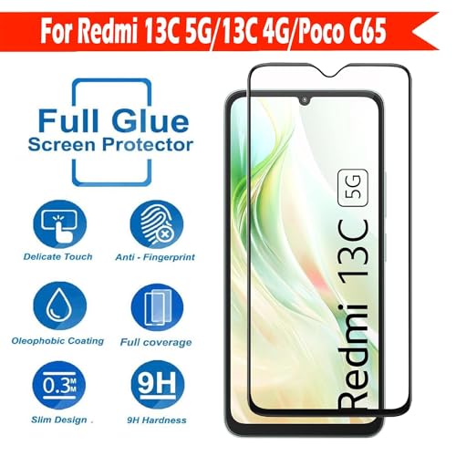 Image of Tempered Glass Screen Protector Compatible for Redmi 13C 4G, 13C 5G, Poco M6 5G with Edge to Edge Coverage and Easy Installation Kit, Pack of 1, Black