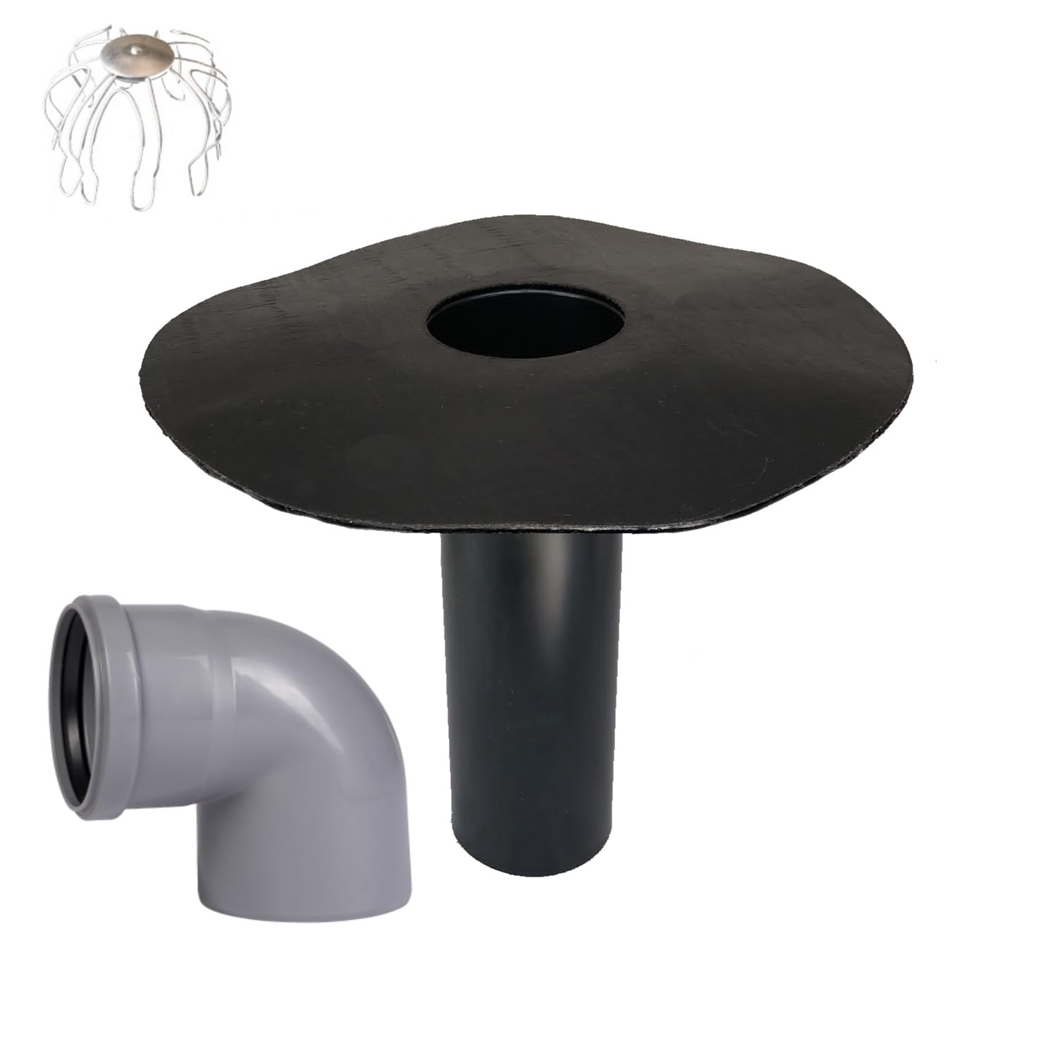 Flat Roof Drain DN 100/110 Set Including Leaf Catcher Basket Optional with Arch and HT Pipe, Bitumen Flange, Roof Gully, Inlet, Roof Drainage (87° Bend)
