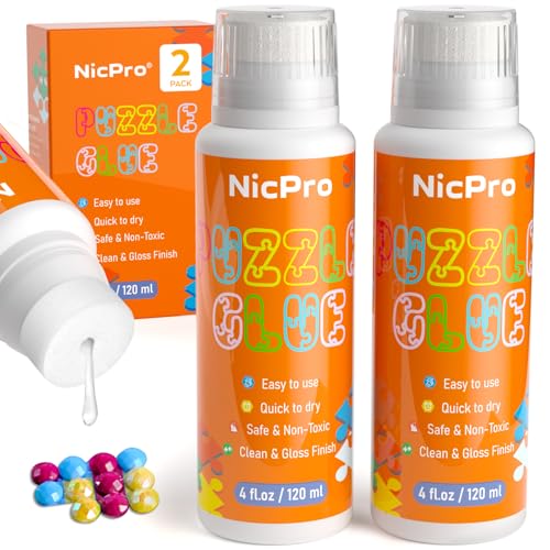 Nicpro 2 Botes de Pegamento Puzzle, 240 ml con Cabezal de Esponja, Secado rápido, no tóxico y Transparente, Kit de Pegamento Soluble en Agua para Rompecabezas de 1000/3000/5000 Piezas