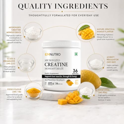 Image of Creatine Monohydrate Micronized Powder, Alphonso Mango Flavour, 109 g | Easy Mix Creatine Supplement for Men & Women | Pre & Post Workout | Gym & Fitness Supplement