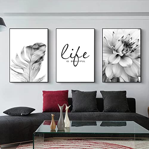Trayosin 3-teiliges Premium Poster Set Aesthetic Blume Schwarz Weiß Feder...