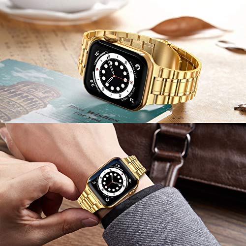 Image of MioHHR Solid Stainless Steel Band Compatible with Apple Watch 44mm(Series 6 /5 /4 /SE), 42mm (Series 3 /2 /1), Metal Strap with Soft TPU Case for iWatch Bands for Women and Men, Gold