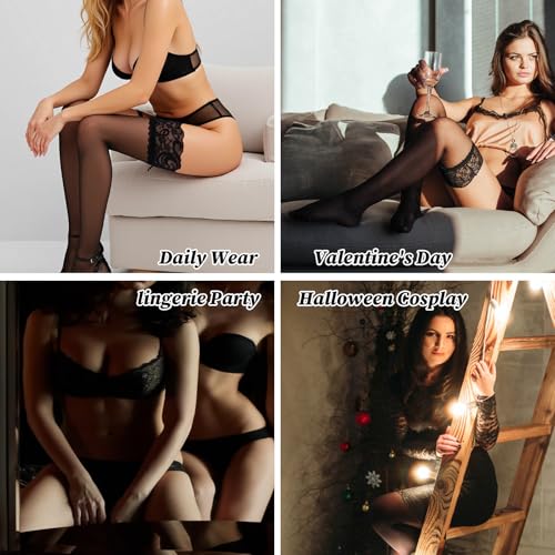 3Pcs Thigh High Stockings, Black Leg Length Stockings Semi Sheer Thigh Highs with Lace Sexy Lingerie Hosiery Pantyhose 30.7 x 7.4in3