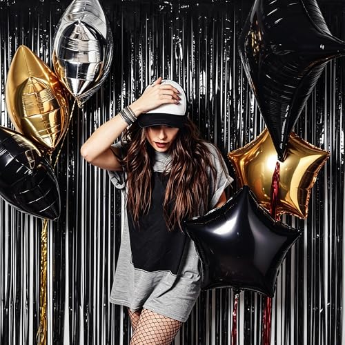 Image of ZATAYE 4 Pack Black Halloween Foil Curtain Streamer Decorations | Black, Metallic Foil, 3.28 x 7.05 FT, Tinsel Backdrop, Foil Curtain Streamer, Halloween New Years Eve Party