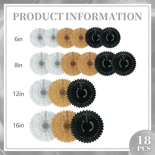 Image of 18 Pcs Black Gary Gold Hanging Paper Fan, Hanging Honeycomb Round Paper Fans for Weddings, Birthdays, Christmas, Baby Showers, Classroom, Events Ceiling Party Supplies Decorations