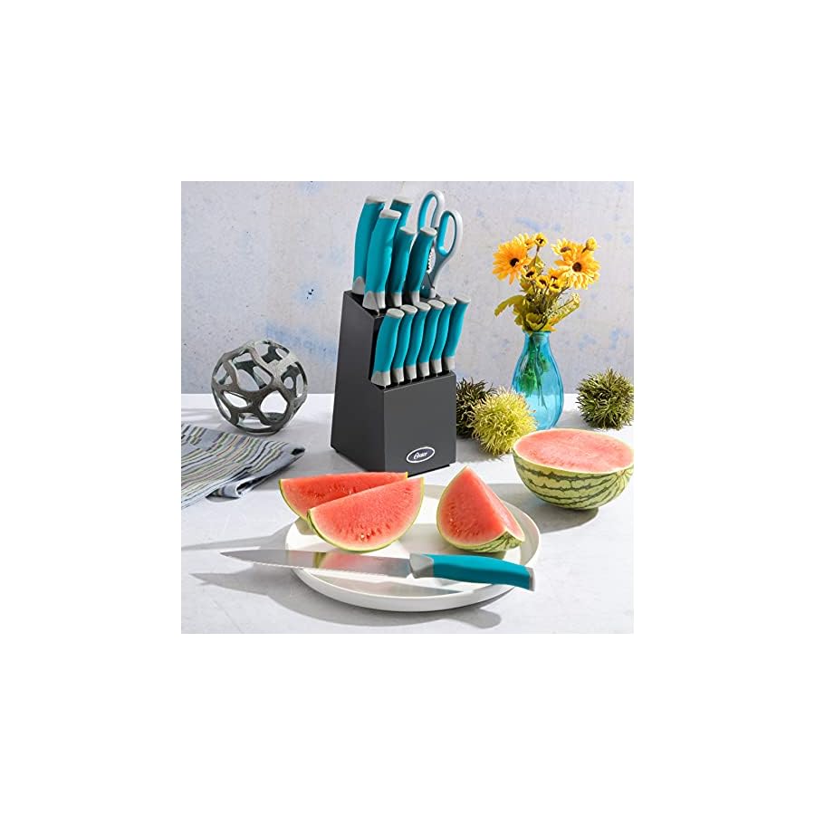 Oster-Lindbergh-14-Piece-Stainless-Steel-Cutlery-Set-Black-Block-Teal-HandlesTealBlack Oster Lindbergh 14 Piece Stainless Steel Cutlery Set Black Block, Teal Handles,Teal/Black