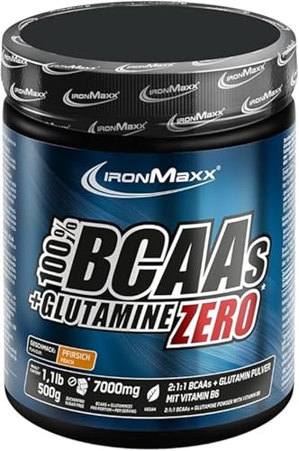IronMaxx 100% BCAAs + Glutamine Zero - Pfirsich 500g | veganes & zuckerfreies Aminosäuren Pulver mit Vitamin B6 | 6000 mg BCAA´s und 1000 mg Glutamin pro Portion