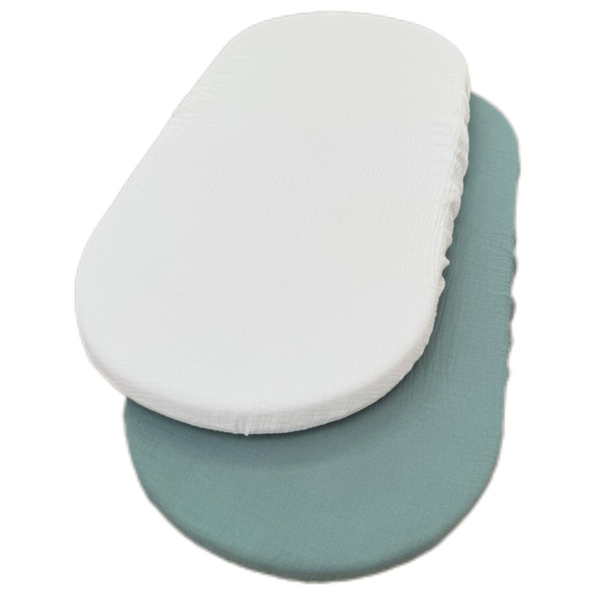 MIMUSELINA | Cesta Cambiador de Bebe de Mimbre | Con Colchon para el Cambiador de Mimbre + Funda de Muselina de Algodón | Hecha a Mano de manera Artesanal con Palma Natural | (Mint/Blanco)