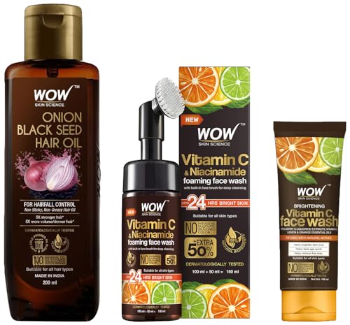 WOW Skin Science Black Seed Hair Oil – Controls Hair Fall – No Mineral Oil 200 ML & Brightening Vitamin C Foaming Face Wash 150 ML & Brightening Vitamin C Face Wash 100 ML