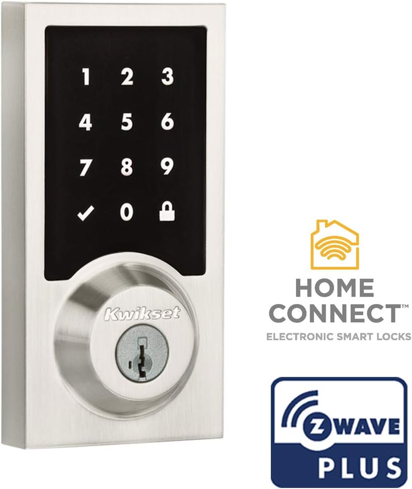 Kwikset SmartCode 916 Z-Wave Smart Lock with 'Home Connect' and 'Z-Wave Plus' logos, indicating its smart home compatibility.