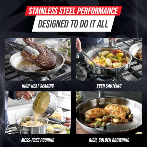 Image of Blue Diamond Pro Steel 8 inch Tri-Ply Stainless Steel Frying Pan Skillet | Multi Clad Skillet, Induction & All Stovetop Suitable, Mirror Polished Finish, Dishwasher Safe, Oven Safe to 850F, Silver