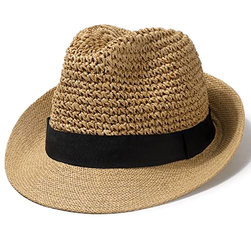 Straw Fedora Hats for Women Men Short Brim Summer Sun Beach Hats Packable Roll Up Straw Panama Hat Khaki