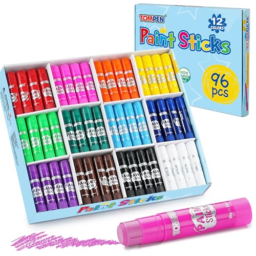TOMPEN Tempera Paint Sticks for Kids & Artists 96 Pack 12 Vibrant Color Non-Toxic Quick Drying Classic Rainbow Colors Washable Solid Paint Crayons Ideal for School Classroom Art Projects & DIY Crafts