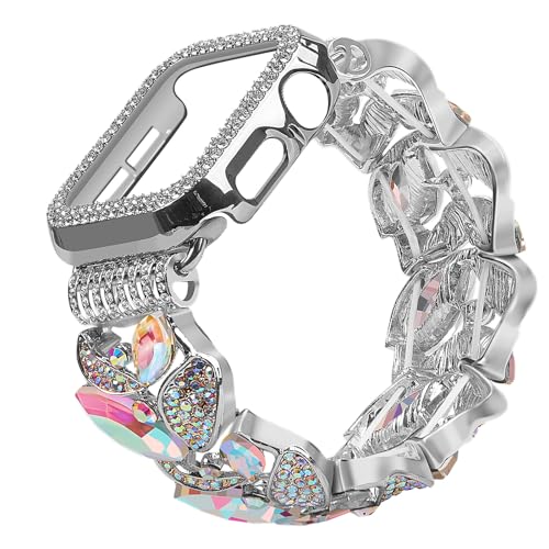 VIQIV Bling Dressy Bracelet with Case Compatible with Apple Watch Bands 38mm 40mm 41mm 42mm 44mm 45mm 49mm for Women Strethy, Stretch Smart Watch Bands for Women, Cute Slim Metal Wristband Strap for iWatch Ultra 2/Ultra Series 9/8/7/6/5/4/3/2/1/SE