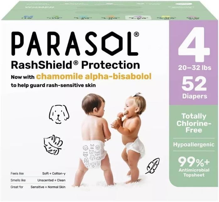 Parasol Chlorine-Free Baby Diaper with RashShield Protection, Size 4, 20-32 lbs, 52 Count
