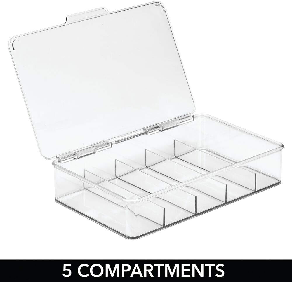 mDesign Plastic Art Supplies, Crafts, Crayons and Sewing Stacking Storage Organizer Box Container Holder Tidy with lid for organizing Washi Tapes Small Marker Ribbons Trims Beads - Divided, Clear