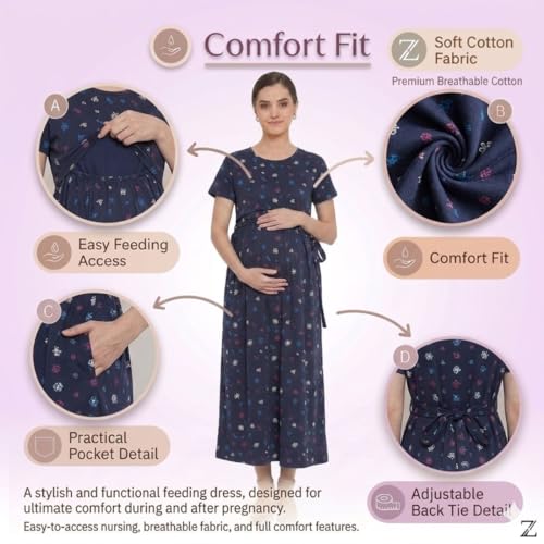 Image of Zero Clothing Feeding Dress for New Moms Casual Loungewear Ankle Length | Cotton Maternity Nighty | Zipless Feeding Dresses for Women | Pregnancy & Nursing Wear