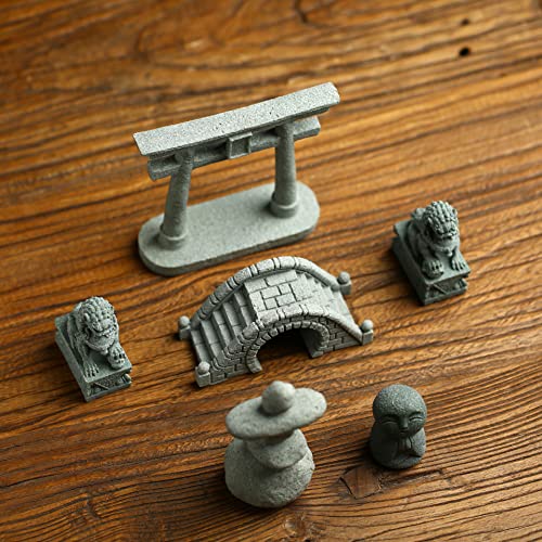 6 Pcs Mini Zen Garden Accessories, Miniature Garden Bridge Foo Dogs Torii Gate Sandstone Figurines Meditation Zen Decor Japanese Fish Tank Terrarium Decorations Plant Pots Bonsai Craft Decor (M) #TOP5