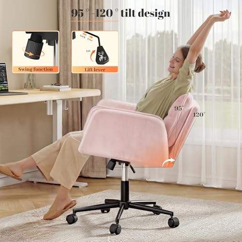 Image of DurayLoly Criss Cross Chair, Flip-Up Arms & Adjustable Height | Velvet, Thick Foam Seat,360 Swivel, Rolling Wheels, for Home Office, Bedroom, Makeup Room, Pink.