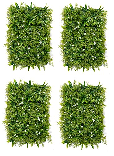 Image of Wall Grass (4 Pcs), Artificial Grass for Wall Decoration, Vertical Garden Artificial Mat, Grass Tiles for Balcony (Green and White Flowers, 60cm x 40cm x 8cm, Plastic, Pack of 4)