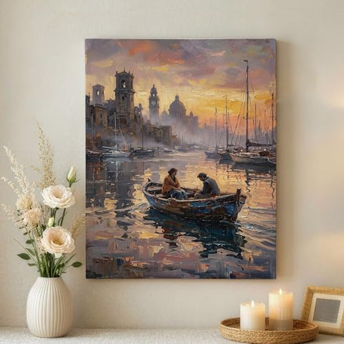 Toile murale coucher de soleil bleu et bateau orange, tableau poétique sérénité