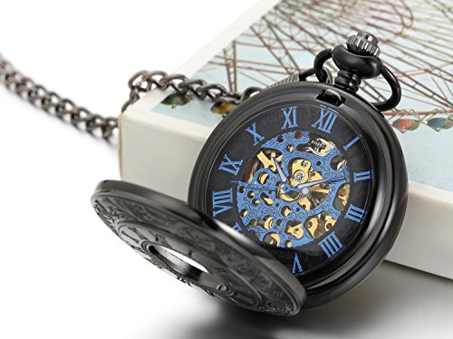 Image of JewelryWe Antique Mechanical Pocket Watch Retro Classic Mechanical Hand-Wind Pocket Watch Steampunk Fob Watch Pendant Watch with Chain, for Father's Day