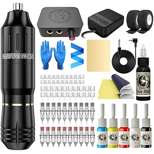 Tattoo Kit Wormhole Rotary Tattoo Practice Machine Kit for Beginners Tattoo Cartridge Needles Tattoo Machine Kit with Tattoo Inks Power Supply Tattoo Pen Kit WTK162