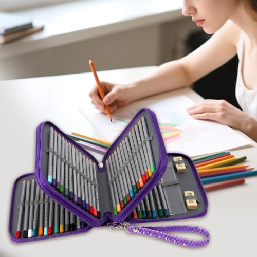 Image of Large Capacity Colored Pencil Case - 75 Slots PU leather with Zipper Closure Portable Organizer for Watercolor Pencils Ideal for Artists for Artists (Purple)
