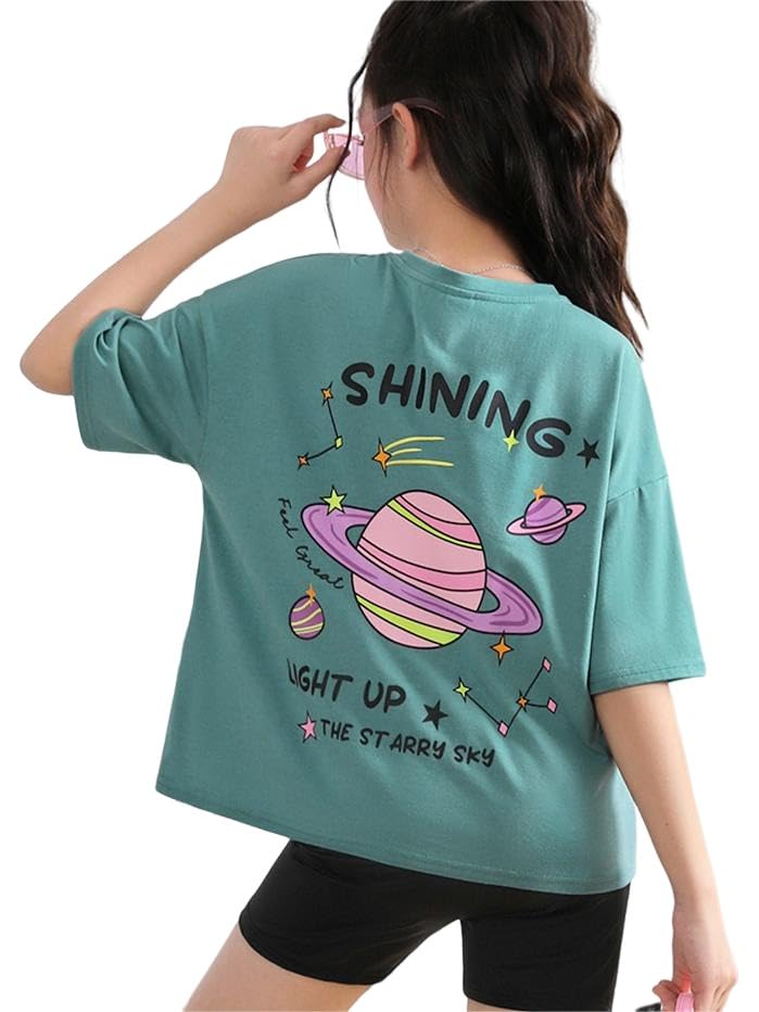 WDIRARA Girl's Oversized Drop Shoulder Cartoon Print Tee Summer Half Sleeve Crewneck T Shirt