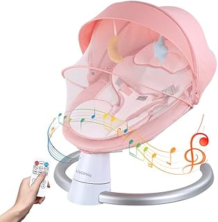 Electric Baby Bouncer with Bluetooth, Baby Bouncer Chair with 5 Swing Speed, 3-Stage Timer and Remote Control, Portable Baby Swing Chair from Birth for 0 Months Plus Newborn Boys Girls (Pink)