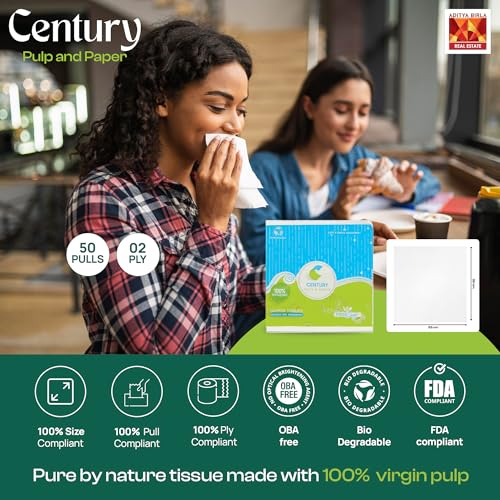 Image of Century 2 Ply 100% Virgin Pulp Tissue Paper Napkins|Highly Absorbent & Chemical Free Serving Napkins 50 Pulls- 33x33 cm (Pack of 3)
