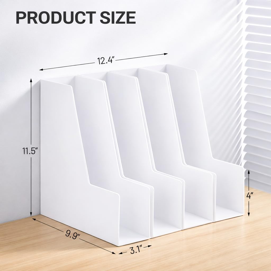 CiWiVOKi Vertical Magazine File Holder, Desk Organizer and Storage for Magazines, Binders, Notebooks, Envelopes, Multi-Purpose Desktop File Organizer for Home, Office & Classroom, 4 Pack, White