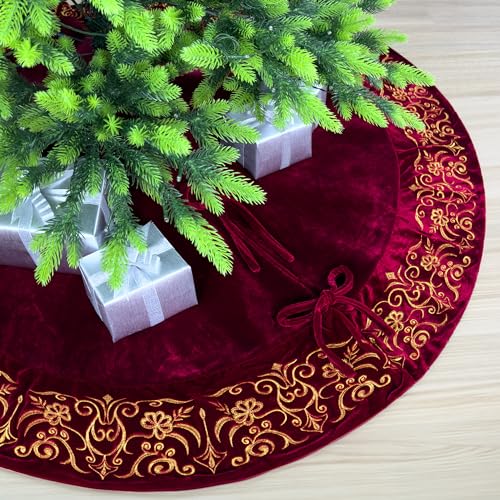 72-Inch Victorian Velvet Christmas Tree Skirt with Gold Damask Embroidery and Plush Lace-Ties, Burgundy