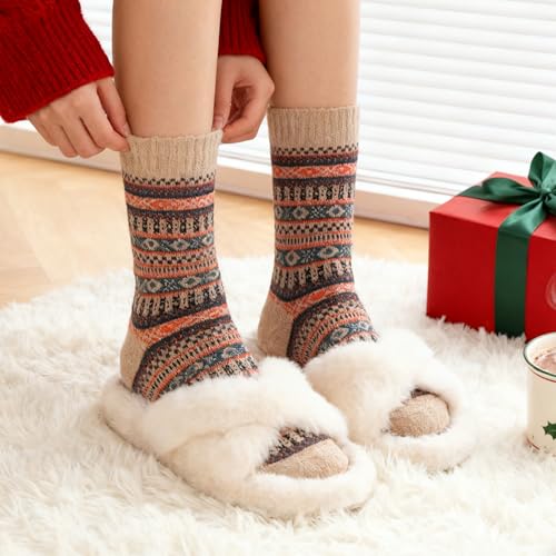 Image of LOCONHA Womens Wool Socks 5 Pairs Winter Warm Sock Thick Knit Cabin Cozy Crew Soft Socks Gifts for Women