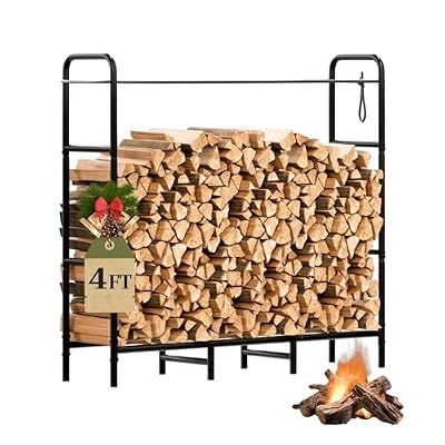 AUGOHCMIL Firewood Rack 4FT Heavy Duty Metal, Outdoor Indoor Log Holder Stand for Fireplace Wood Storage, Wood Pile Stacker Organizer for Patio, Black