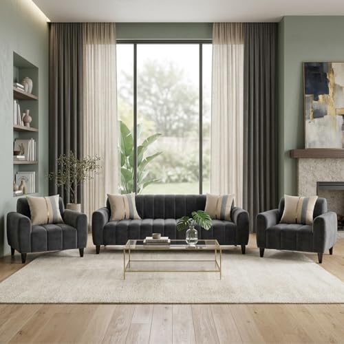 Image of CASASTYLE Harmelia 3 Seater + 1 Seater + 1 Seater Fabric Sofa Set (Dark Gray) with Velvet Finish | Durable Comfort | Ideal for Living Room