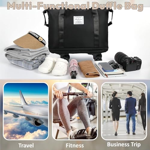 Image of Rolling Duffle Bag with Wheels, Expandable Foldable Travel Duffle Bag with Telescopic Handle, Portable Wheeled Luggage Bag for Travel, Lightweight Foldable Suitcase Bag for Men & Women (Black)