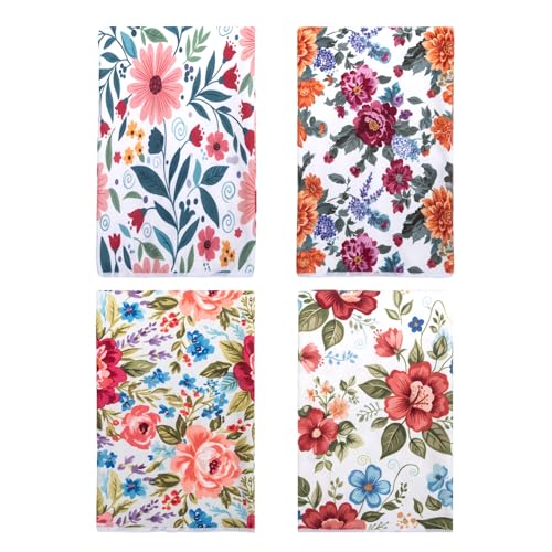 4 Pack Floral Kitchen Towels - Super Absorbent 400GSM Microfiber Dish Towels for Drying Dishes - Decorative Spring Hand Towels for Kitchen & Bathroom Pioneer Woman Country Style Wildflower Decor