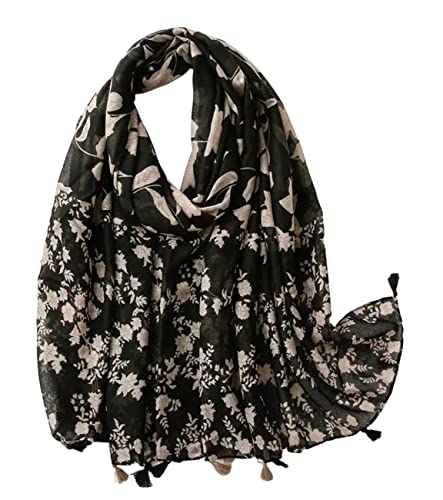 FAIRYGATE Scarf Women Black Vintage Classic Flower Design Viscose Material Neck Tassel Shawls and Wraps Ladies Scarves Lightweight Clearance 86005