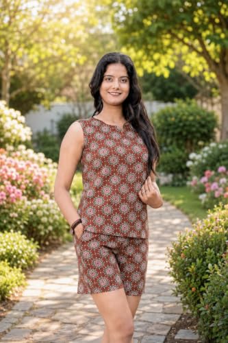 Image of Women's Cotton Night Suit Set - Soft Half Sleeve Top & Printed Shorts for Comfortable Sleepwear & Loungewear | Stylish Summer Nightwear for Women