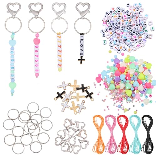 CHGCRAFT 560 Pcs Acrylic Beads Keychain Crafts Kit Acrylic Beads Keychain Making Kit Letter Beads Keychain Kit Heart Shape Bead for Keychain Bagchain Jewelry DIY Making