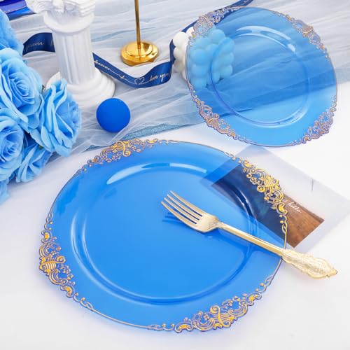 Joyido 102PCS Blue Plastic Plates - Royal Gold Disposable Plates - Clear Blue Party Plates Include 51PCS 7.5inch Dessert Plates 51PCS 10.25inch Dinner Plates for Weddings & Parties