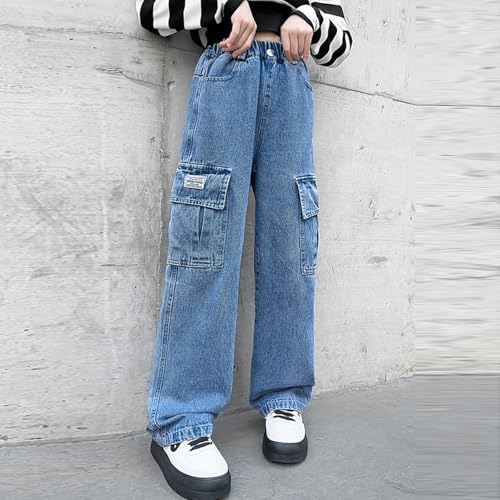 Girls Jeans, Baggy Jeans for Girls Wide Leg Ripped Elastic Waist Patchwork Denim Pants Y2K Teen Streetwear 4-15Y2
