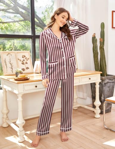 Image of Ekouaer Pajamas for Women Silk Satin Button Down Long Sleeve Pajama Sets
