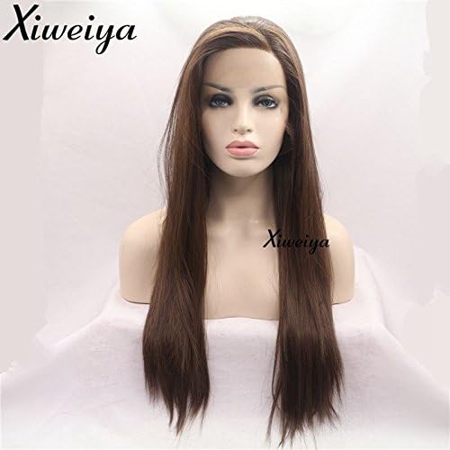 Xiweiya Long Silk Straight 6# Dark Brown Lace Front Wig Half Hand Tied 13x3 Lace Side Part Glueless Natural Brown Wigs for Women Hair Heat Resistant Fiber Hair Cosplay Wigs 24inches