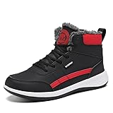 Winter High-Top Sneakers, Waterproof Fur-Lined Athletic Shoes, Black and Red with White Sole, Casual Sports Boots (Red, Adult, Men, 10.5, Numeric, US Footwear Size System, Medium)