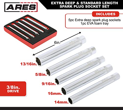Ares 11026-5-Piece Extra Deep Spark Plug Socket Set – 3/8-Inch Drive Spark Plug Sockets - 6-Inch Length 6-Point And 12-Point Sockets – Includes Foam Storage Tray #TOP1