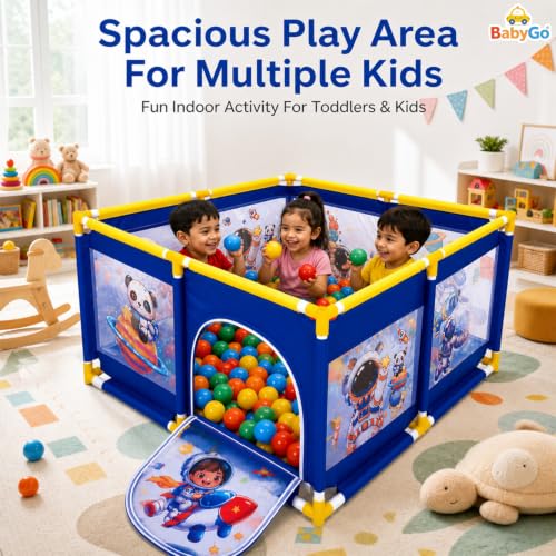 Image of BabyGo Jumbo Size Space Theme Ball Pool for Kids | Indoor and Outdoor Playpen with Safety Fence and Zipper Door | Blue | 101 x 101 x 64 cm | (Balls Not Included)