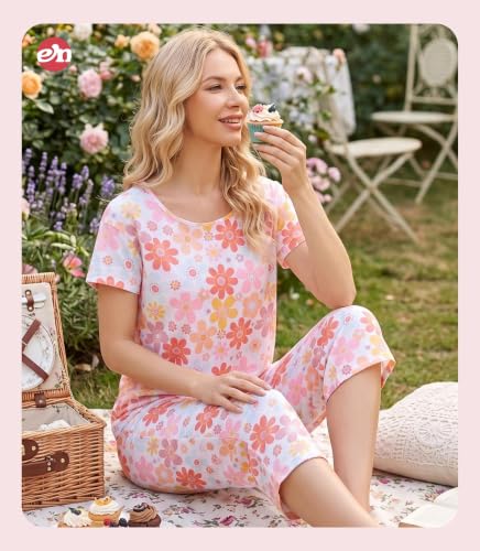 Image of ENJOYNIGHT Womens Pajama Sets Cotton Pj Set Short Sleeve Top With Capri Pants Sleepwear 2 Piece Lounge Set