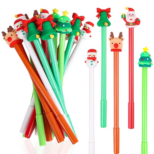 FINGOOO 20 pieces Christmas Black Gel Pen Ink Rollerball Ball Point Pens Assorted Reindeer Santa Xmas Tree Bell Snowmen Novelty Pens School Gifts Party Bag Fillers for Kids Students